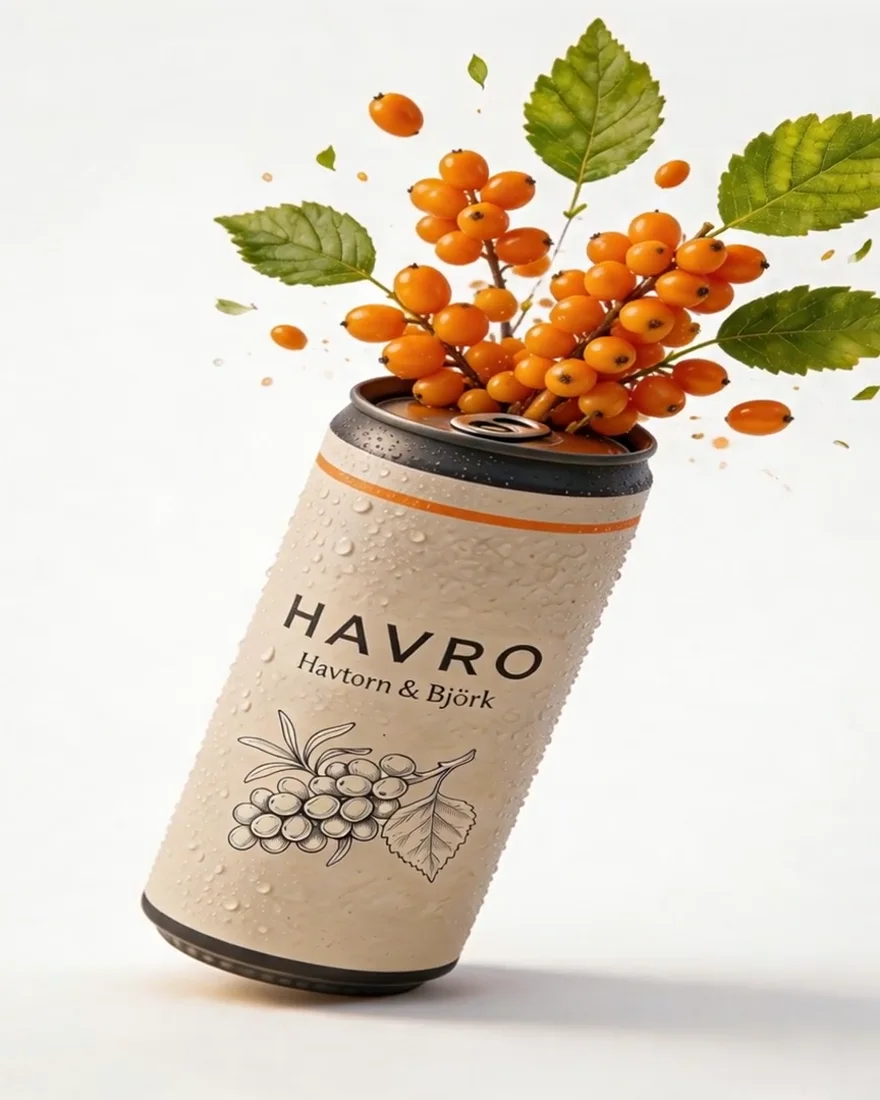 Sea buckthorn berries and birch leaves bursting out of an open HAVRO can.