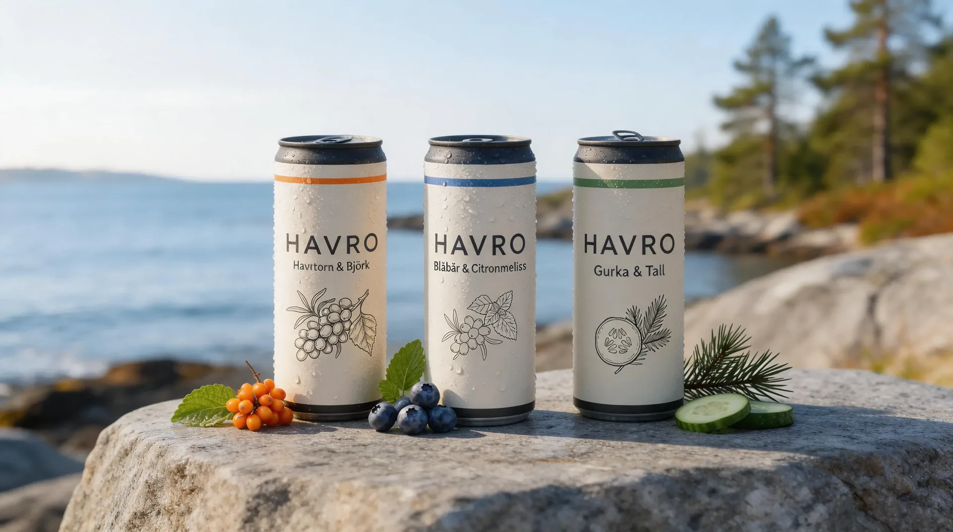 Three HAVRO cans — sea buckthorn & birch, blueberry & lemon balm, cucumber & pine — on coastal granite in soft Nordic light.