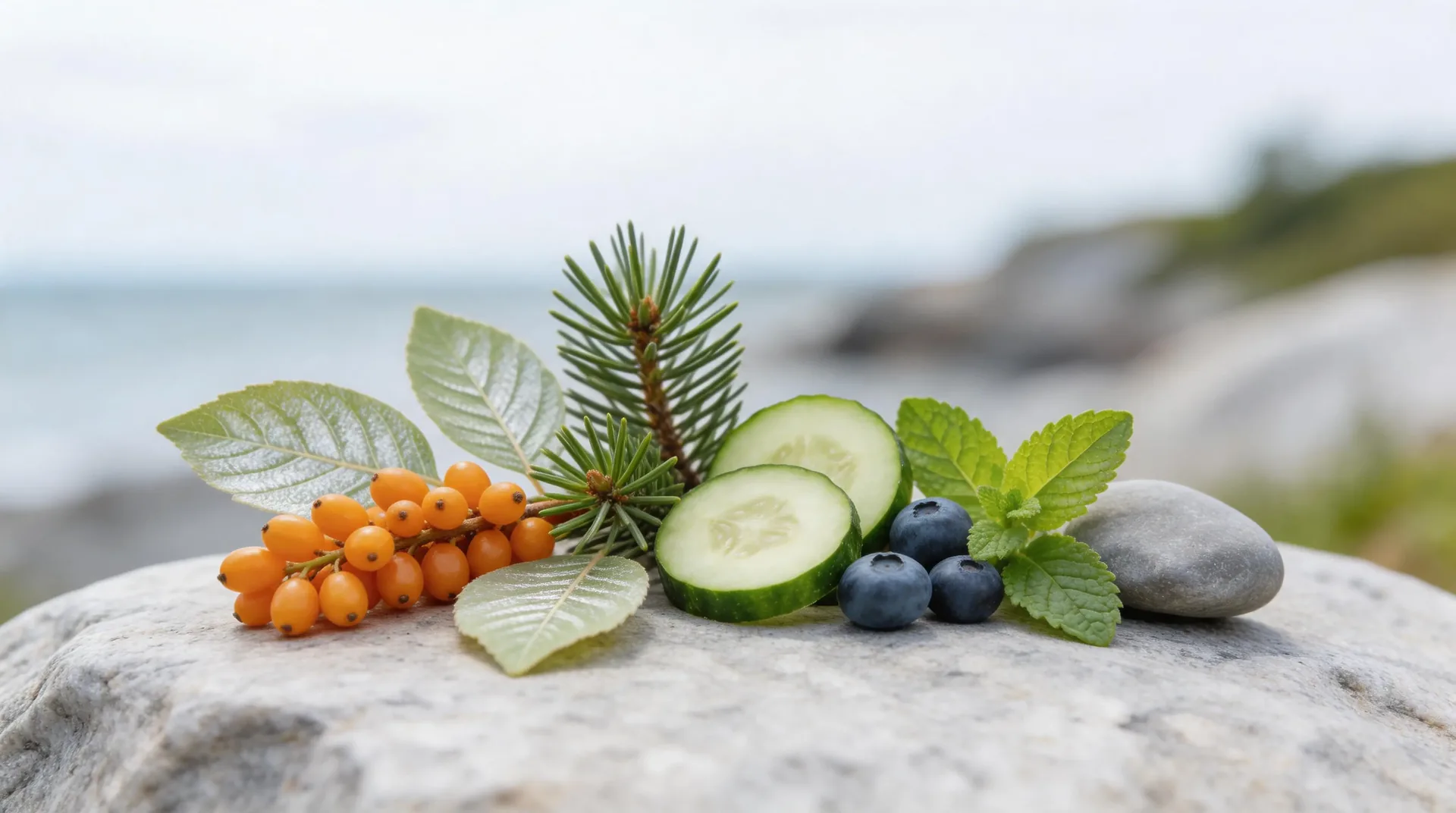 Close-up still life of foraged Nordic ingredients on a stone surface.